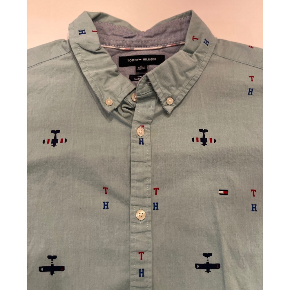 Tommy Hilfiger Slim Fit‎ Short Sleeve Button Up Shirt Size XL Airplanes